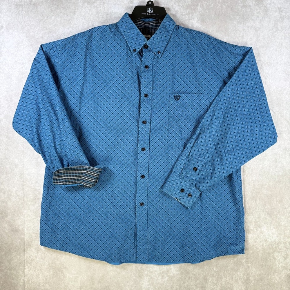 Panhandle Shirt Men XL Blue Black‎ Geometric Cowboy Rockability Flip Cuff Button